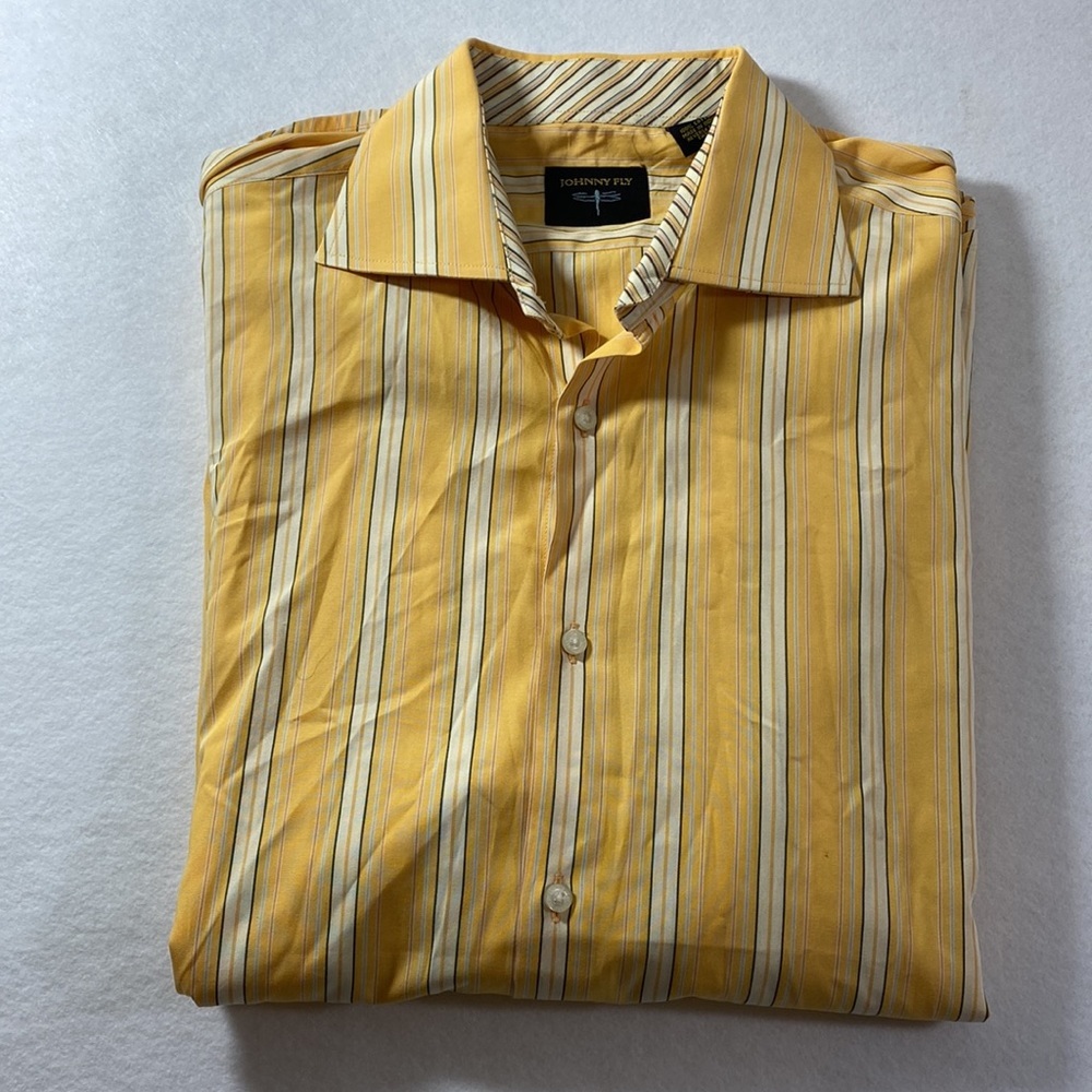 Johnny Fly Men’s Shirt Yellow Striped Button Down Long Sleeve large Shirt